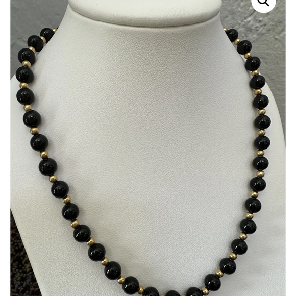 Onyx and 14k Gold Bead Necklace - Picture 2 of 6